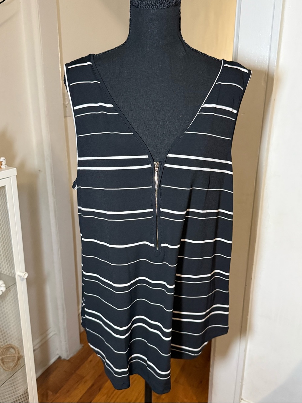 Sleeveless Black & White Striped Zip-Front Blouse
